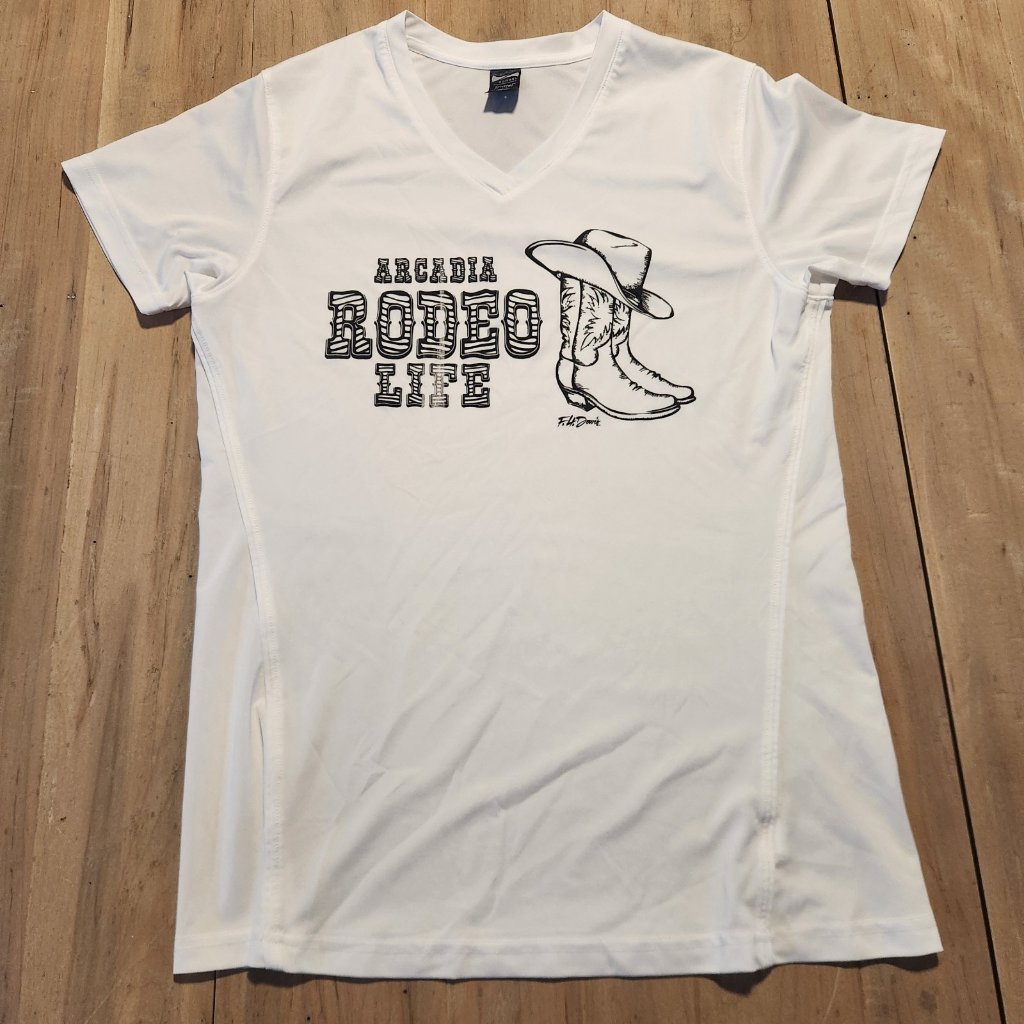Arcadia Rodeo Life T-Shirt Cowgirl Boots V-Neck Western White Womens Medium — image 3 of 8